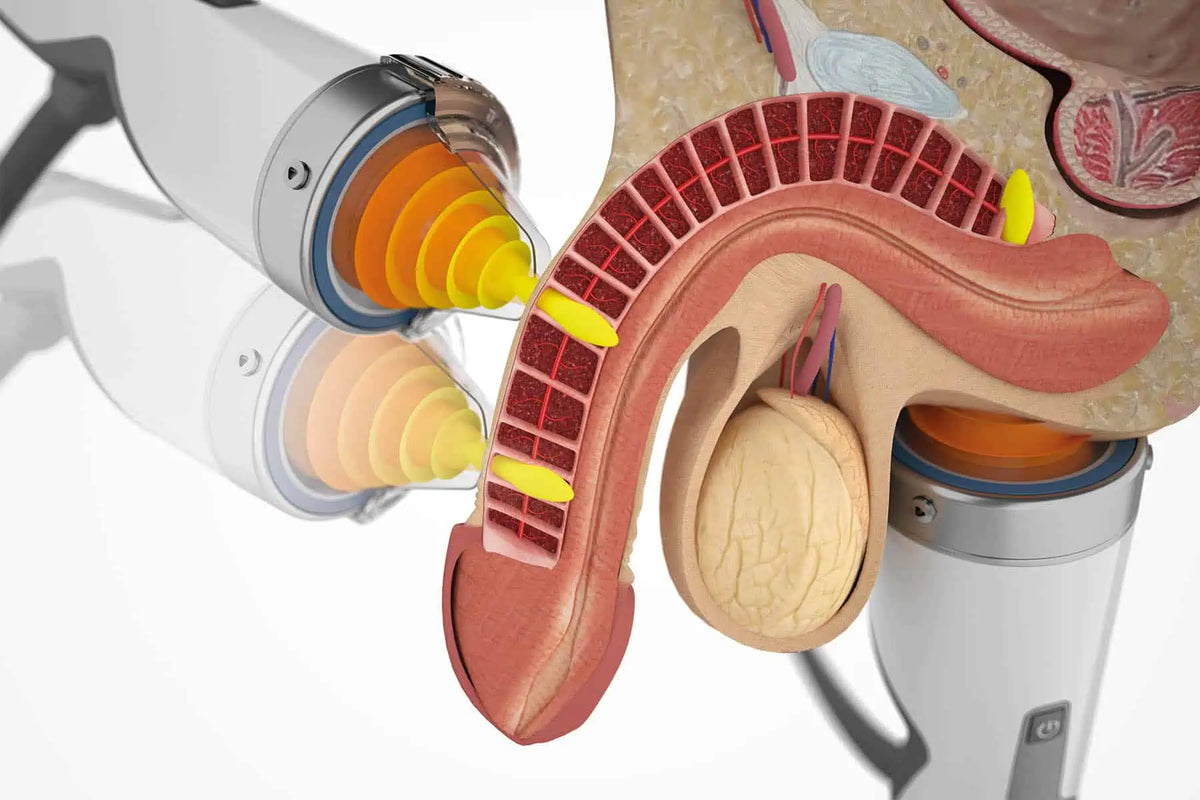 Cutaway illustration of a shockwave applicator delivering acoustic waves into the erectile tissue